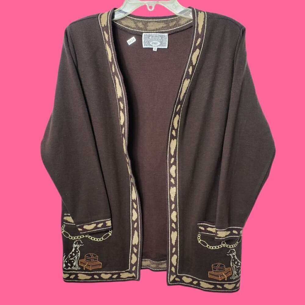 Original Creation Vtg Cardigan W/Dog & Chain Embroidery Brown-Tan Size40